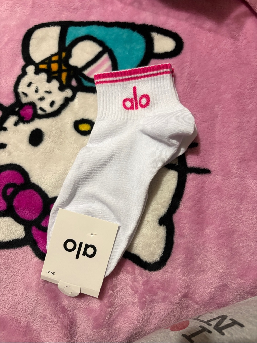 ALO Yoga White Ankle Socks with Pink Logo and Striped Cuff